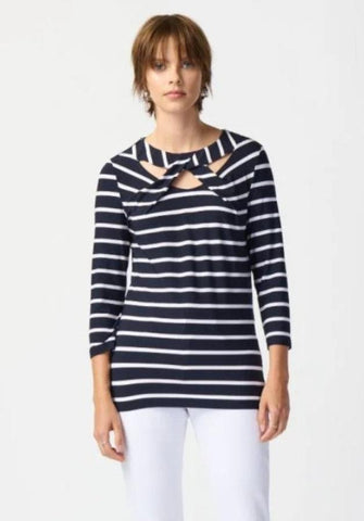 Joseph Ribkoff 241087 Midnight Blue/Vanilla Striped Cutout Detail Top