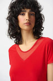 Joseph Ribkoff 241088 Radiant Red Sheer Insert V-Neck Short Sleeve Top