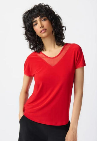 Joseph Ribkoff 241088 Radiant Red Sheer Insert V-Neck Short Sleeve Top