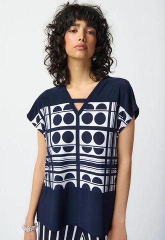 Joseph Ribkoff 241117 Midnight Blue/Vanilla Geometric Print Cutout V-Neck Top