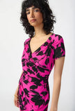 Joseph Ribkoff 241118 Pink/Black Floral Print Ruched Faux Wrap Sheath Dress