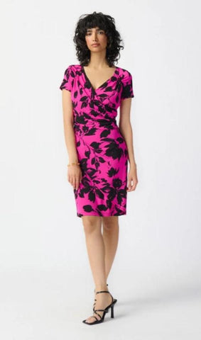 Joseph Ribkoff 241118 Pink/Black Floral Print Ruched Faux Wrap Sheath Dress