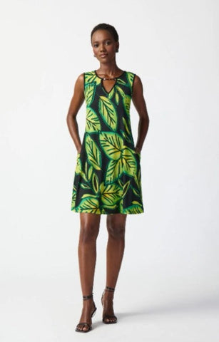 Joseph Ribkoff 241119 Black/Multi Tropical Leaf Print Sleeveless Dress