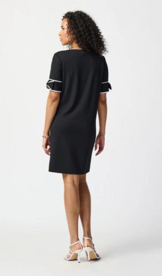 Joseph Ribkoff 241130 Black/Off-White Contrast Trim Bow Detail Shift Dress