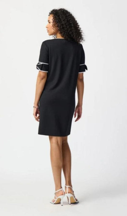 Joseph Ribkoff 241130 Black/Off-White Contrast Trim Bow Detail Shift Dress