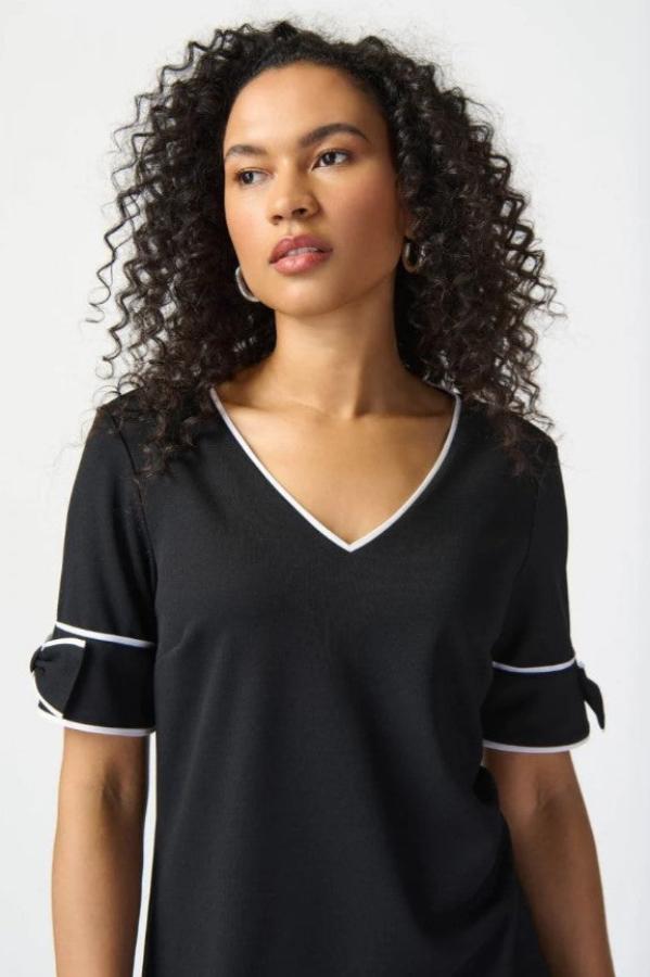 Joseph Ribkoff 241130 Black/Off-White Contrast Trim Bow Detail Shift Dress