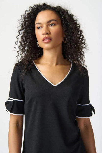 Joseph Ribkoff 241130 Black/Off-White Contrast Trim Bow Detail Shift Dress
