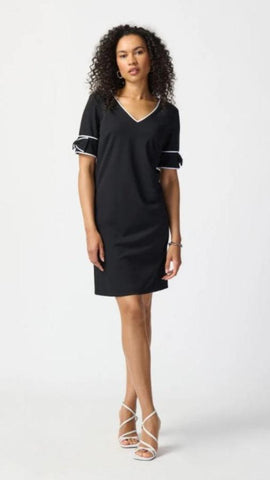 Joseph Ribkoff 241130 Black/Off-White Contrast Trim Bow Detail Shift Dress