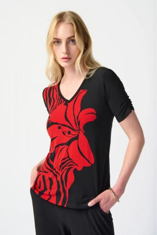 Joseph Ribkoff 241138 Black/Red Two-Tone Floral Print Shirred Sleeve Top