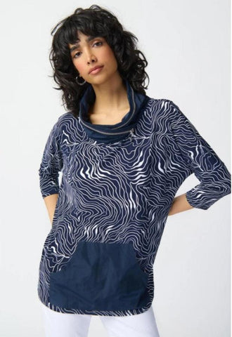 Joseph Ribkoff 241144 Midnight Blue/Vanilla Wavy Print Zip Cowl Neck Top