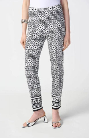 Joseph Ribkoff 241186 Vanilla/Black Geometric Print Pin Tuck Ankle Pants