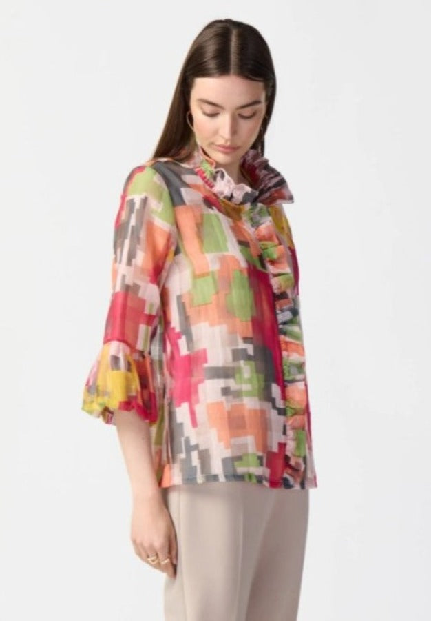 Joseph Ribkoff 241222 Multi-Color Abstract Print 3/4 Ruffled Sleeve Ja ...