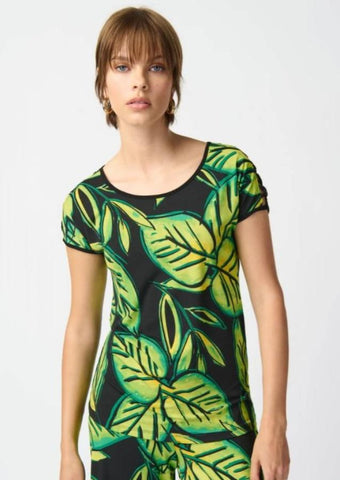 Joseph Ribkoff 241244 Black/Multi Tropical Leaf Print Criss Cross Cold Shoulder Top