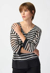 Joseph Ribkoff 241255 Black/White Striped Open-Knit 3/4 Sleeve Hi-Low Top