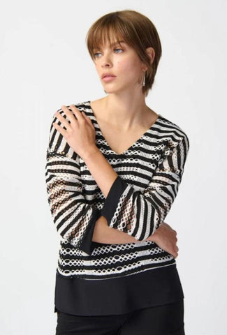 Joseph Ribkoff 241255 Black/White Striped Open-Knit 3/4 Sleeve Hi-Low Top