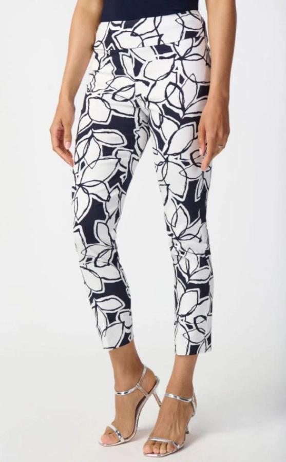 Joseph Ribkoff 241270 Midnight Blue/Vanilla Leaf Print Pull On Cropped Pants