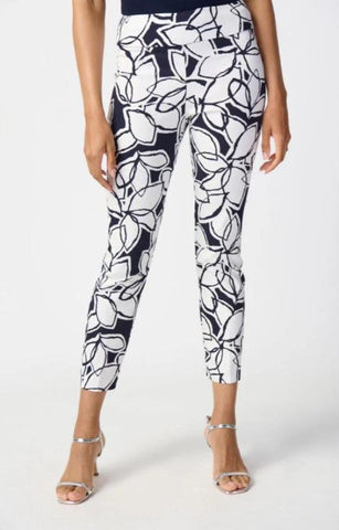 Joseph Ribkoff 241270 Midnight Blue/Vanilla Leaf Print Pull On Cropped Pants