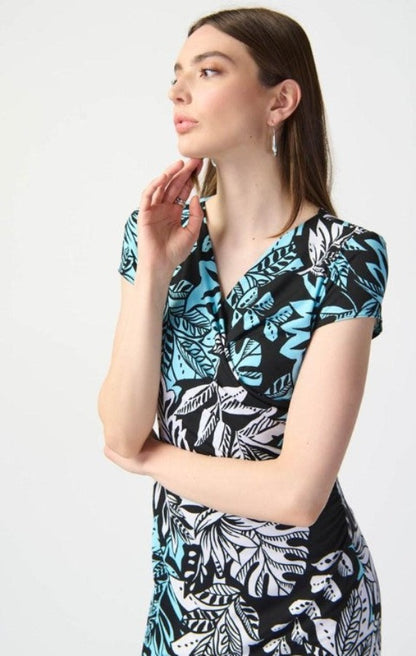 Joseph Ribkoff 241287 Black/Multi Tropical Print Faux Wrap Sheath Dress