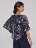 Joseph Ribkoff 241783 Midnight Blue/Vanilla Floral Print Chiffon Split Poncho Top