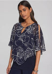 Joseph Ribkoff 241783 Midnight Blue/Vanilla Floral Print Chiffon Split Poncho Top