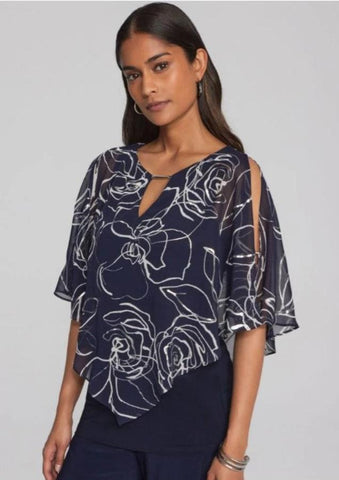 Joseph Ribkoff 241783 Midnight Blue/Vanilla Floral Print Chiffon Split Poncho Top