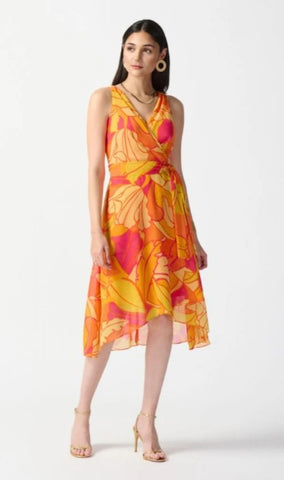 Joseph Ribkoff 242015 Pink/Multi Tropical Print Faux Wrap Midi Fit & Flare Dress