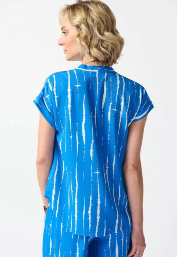 Joseph Ribkoff 242063 Blue/White Abstract Print V-Neck Short Sleeve Top