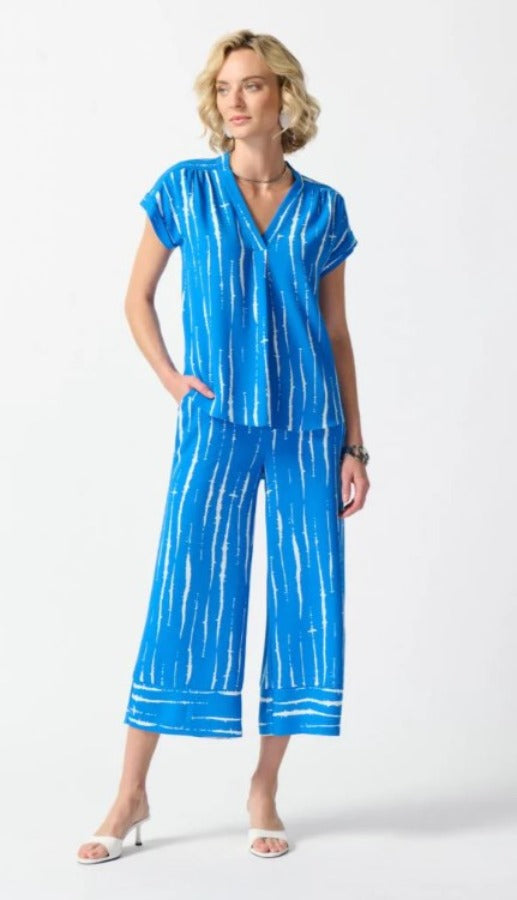 Joseph Ribkoff 242063 Blue/White Abstract Print V-Neck Short Sleeve Top