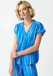Joseph Ribkoff 242063 Blue/White Abstract Print V-Neck Short Sleeve Top