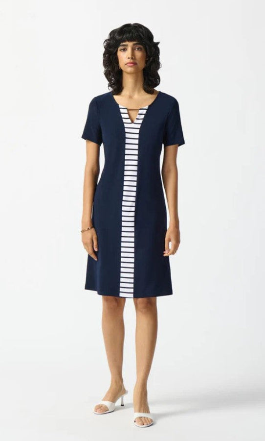 Joseph Ribkoff 242068 Midnight Blue/Vanilla Striped Keyhole Neck Shift Dress
