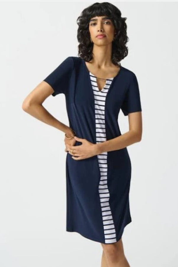 Joseph Ribkoff 242068 Midnight Blue/Vanilla Striped Keyhole Neck Shift Dress