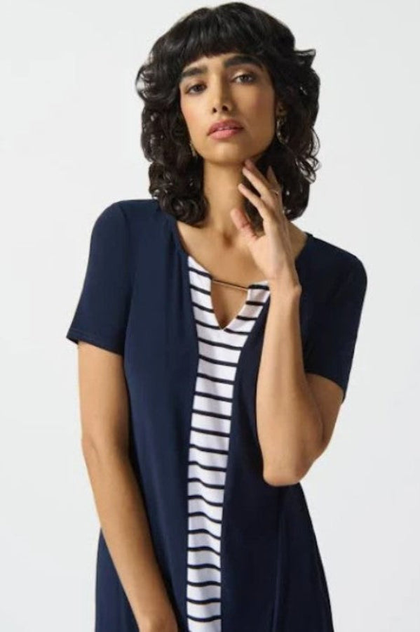 Joseph Ribkoff 242068 Midnight Blue/Vanilla Striped Keyhole Neck Shift Dress