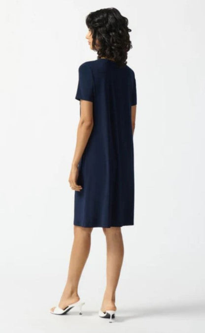 Joseph Ribkoff 242068 Midnight Blue/Vanilla Striped Keyhole Neck Shift Dress