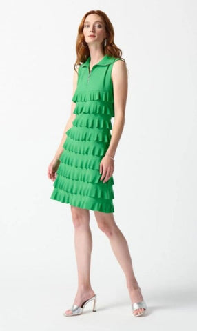 Joseph Ribkoff 242116 Island Green Tiered Ruffles Zip Front Sleeveless Shift Dress