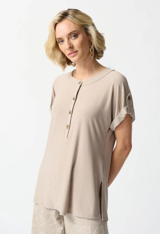 Joseph Ribkoff 242125 Dune Henley Roll-Tab Sleeves Tunic Top