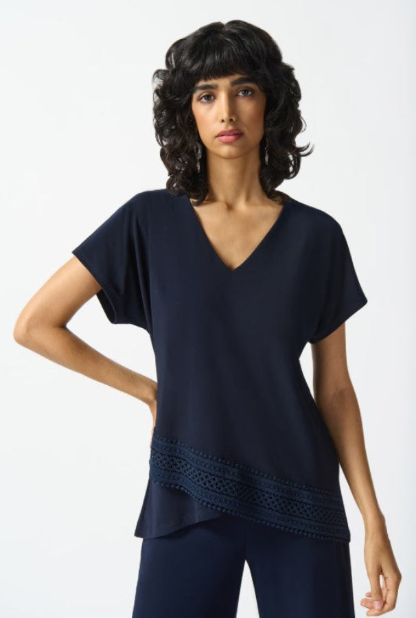 Joseph Ribkoff 242132 Midnight Blue Lace Trim V-Neck Top