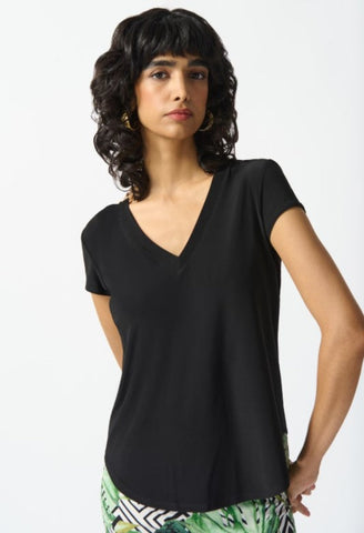Joseph Ribkoff 242217 Black Boxy V-Neck Chan Detail Top