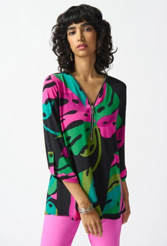 Joseph Ribkoff 242232 Black/Multi-Color Palm Print 3/4 Sleeve Top