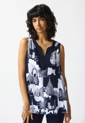 Joseph Ribkoff 242233 Vanilla/Midnight Blue Cityscape Print Tank Top