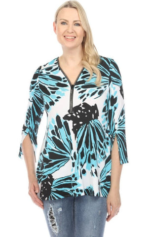 Joseph Ribkoff 242241 Vanilla/Multi Butterfly Print Embellished Zip Front Tunic Top