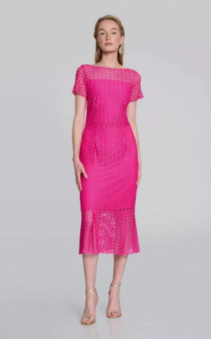 Joseph Ribkoff 242704 Shocking Pink Lace Midi Trumpet Dress