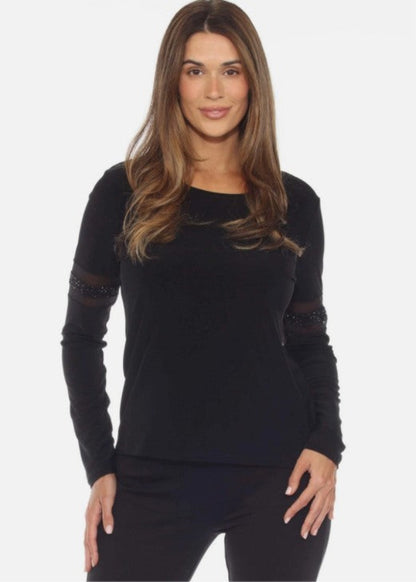 Joseph Ribkoff 243105 Black Embellished Mesh Insert Long Sleeve Top