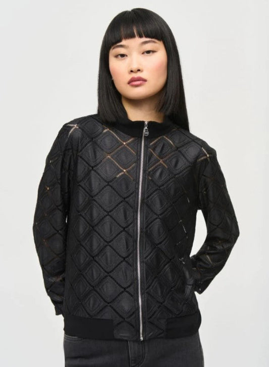 Joseph Ribkoff 243115 Black Ladder Lace Trim Bomber Jacket
