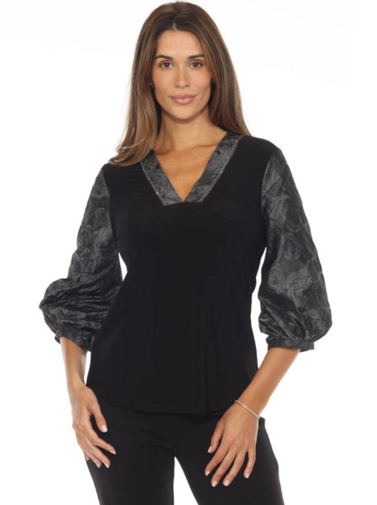 Joseph Ribkoff 243276 Black/Grey Embellished V-Neck Puff Sleeve Top
