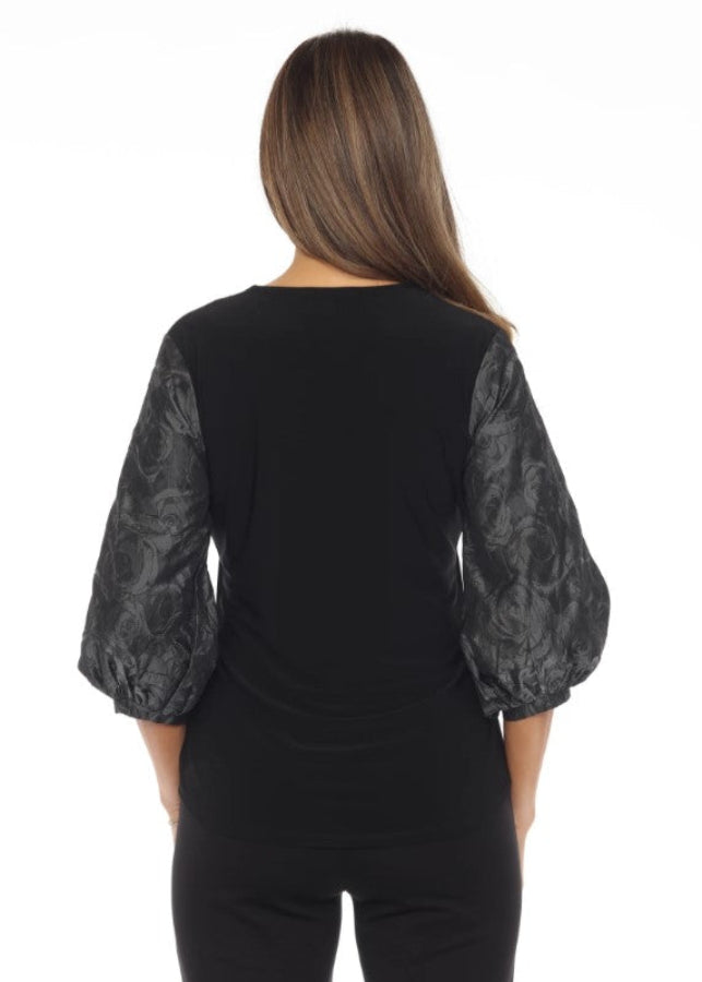 Joseph Ribkoff 243276 Black/Grey Embellished V-Neck Puff Sleeve Top