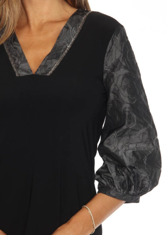 Joseph Ribkoff 243276 Black/Grey Embellished V-Neck Puff Sleeve Top