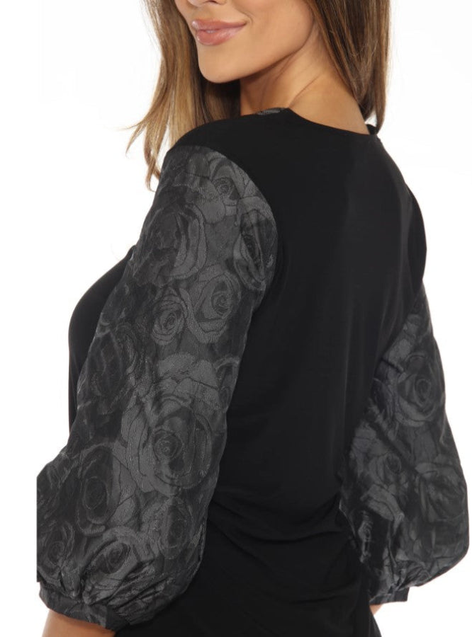 Joseph Ribkoff 243276 Black/Grey Embellished V-Neck Puff Sleeve Top