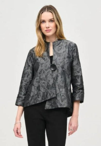 Joseph Ribkoff 243327 Black/Grey Rose Print Asymmetric Swing Jacket