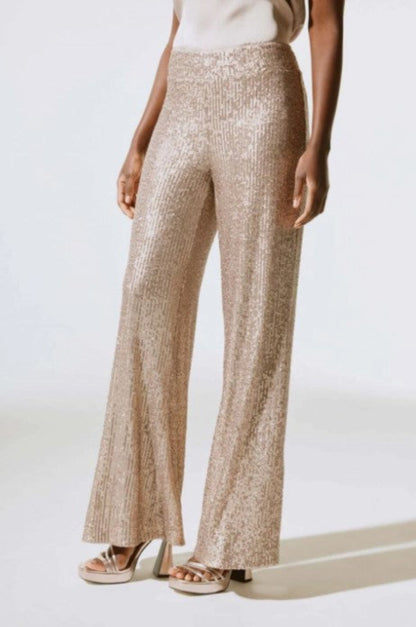 Person wearing gold sequin pants on a white background
