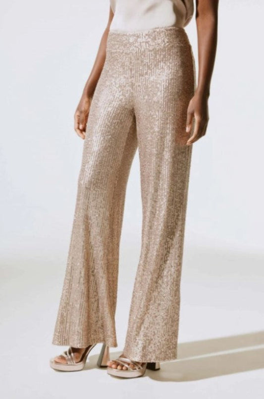 Person wearing gold sequin pants on a white background